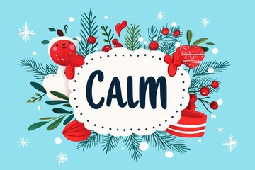 Fototapeta premium Festive illustration featuring the word 'CALM' surrounded by holiday decorations and greenery on a light blue background.