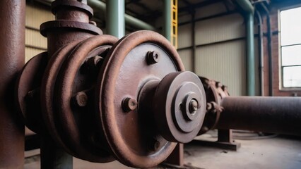 Obraz premium Aged Industrial Valve in Abandoned Warehouse: A detailed view of a massive, corroded valve in an old industrial warehouse, highlighting the robustness of engineering and the wear from decades of use