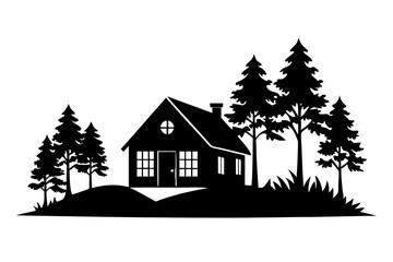 Rural House Peaceful Forest Landscape | vector silhouette illustration on white background