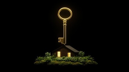 Golden key above a house symbolizing homeownership and security, isolated on a dark background.
