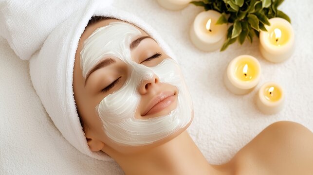 A woman enjoys a relaxing facial treatment with a soothing mask during a spa day surrounded by candles and calming ambiance