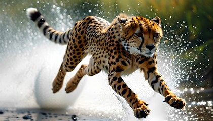 Agile Cheetah in Mid-Run Splashes Water