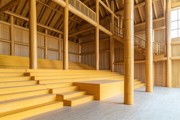 Interior of modern wooden hall with large bamboo pillars and yellow wooden seating.