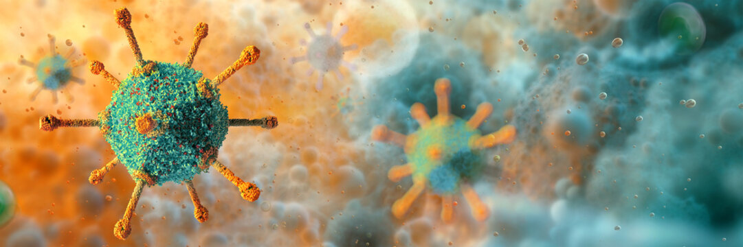 Adeno-associated virus background. AAV virus genome causing adenoviral pneumonia, arthritis, bronchitis, hepatitis, cystitis. Adenovirus transmission, replication, treatments. Virus banner, medical 3D