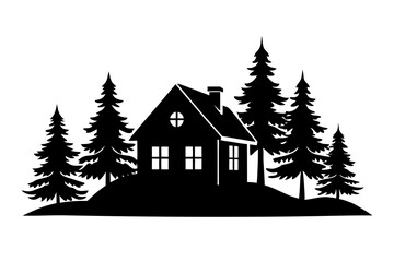 Rural House Peaceful Forest Landscape | vector silhouette illustration on white background