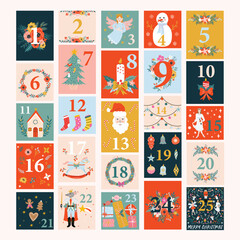 Nutcracker Ballet whimsical Christmas Advent Calendar. Colorful Red green yellow hand drawn holiday elements,  Xmas Poster, cards, tags,  cartoon flat style vector. 