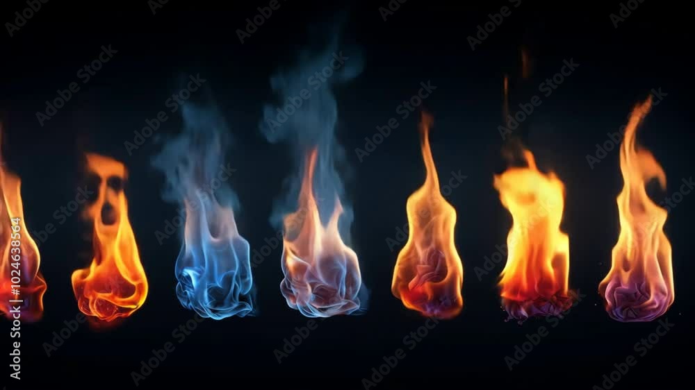 Poster fiery elements: a dramatic composition featuring a series of flames in various colors and shapes, se