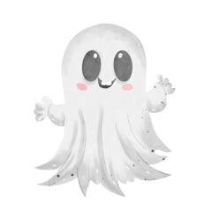 Watercolor friendly ghost decoration with big eyes and a smile, waving his hand welcomingly on a plain white background. For design, cards, invitations, print