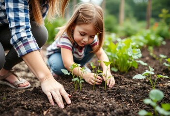 A mother and daughter planting a vegetable garden their hands in