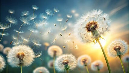 Soft and delicate dandelion seeds floating in the air Wide-Angle