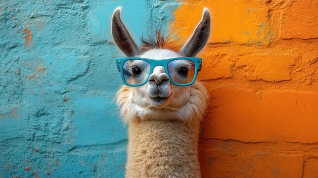 white llama sporting quirky blue glasses playfully standing against a textured background radiating charm and fun with a touch of whimsy