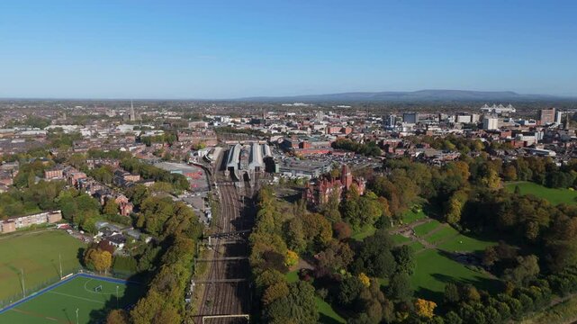 Aerial view of Preston, city in the north of England, United Kingdom