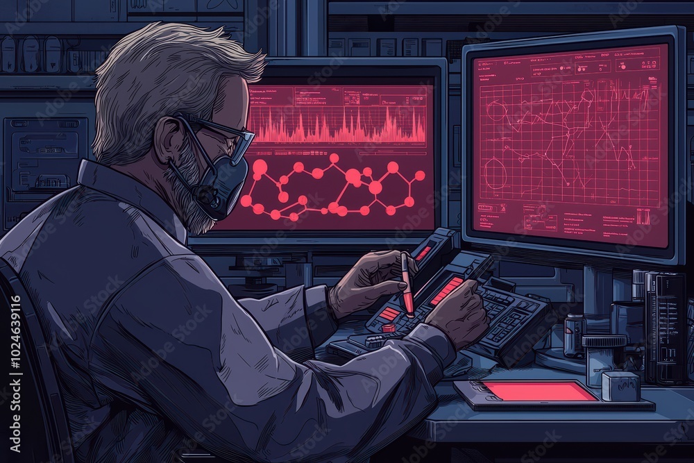 Poster scientist analyzing data on multiple screens in a high-tech lab, focused on research and technology.