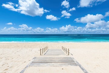 Fototapeta premium Scenic view of a wooden dock leading to turquoise waters under a bright blue sky with clouds.