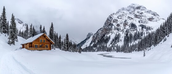 Snow-covered landscape with a wooden cabin and towering mountains in a serene winter setting.