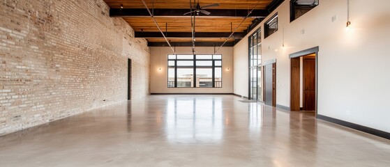 Obraz premium Spacious modern interior with exposed brick and large windows, showcasing clean concrete flooring and open layout.