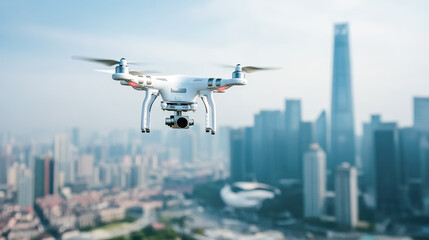 A white drone is flying over a city