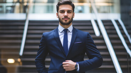 Fototapeta premium A man in a suit and tie stands on a staircase