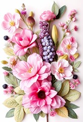 A vibrant bouquet of pink flowers with delicate leaves against a white background