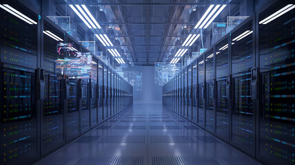 Fototapeta premium high-tech data warehouse, featuring rows of modern servers with blinking lights in a vast, secure facility, data center, big data