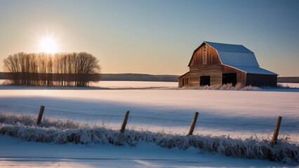Rural Barn in a Frozen Winter Landscape: A rustic barn sits quietly in a snow-blanketed field, with the bright winter sun overhead and a leafless tree nearby, highlighting the serenity of a cold, cris
