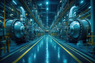 wideangle photo of a hydrogen power plant featuring large steel tanks and pipes illustrating the concept of clean energy with a focus on modernity and sustainability