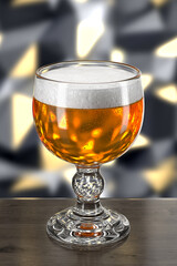 Glass with beer on wooden table on background of wall with spotlights. Bar theme. Dark environment. 3d rendering.