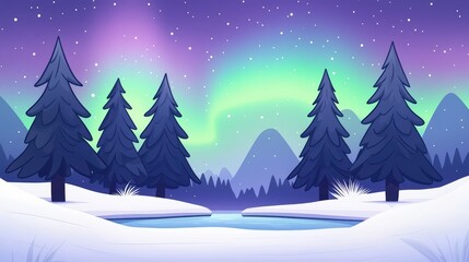 Obraz premium Vibrant winter landscape with purple and green auroras over snowy trees and a calm river.