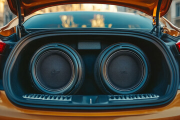 Fototapeta premium Two powerful subwoofers installed in a car trunk for music lovers