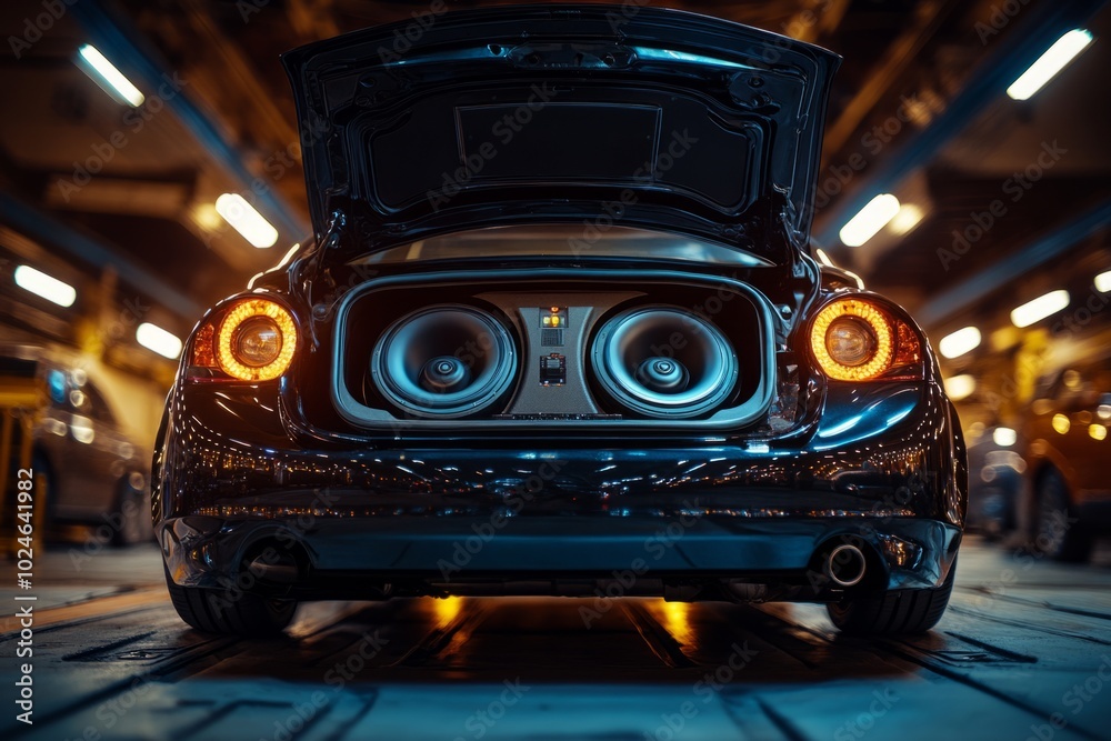 Wall mural two powerful subwoofers installed in modern car trunk