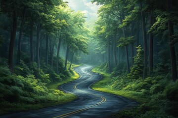 Obraz premium winding road meanders through a dense forest dappled sunlight filtering through the trees inviting viewers to embark on a journey through natures tranquil beauty