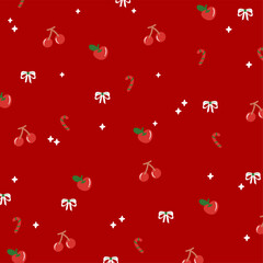 Christmas and New Year pattern with cherry, apple, candy cane, ribbon on red background for festive wallpaper, backdrop, winter decoration, gift wrap, packaging, blanket, paper design, card, fabric