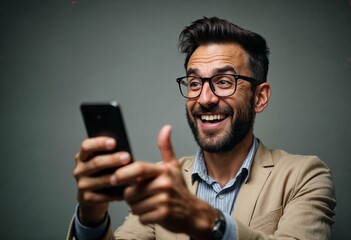 Happy businessman using mobile phone for communication, smiling with excitement