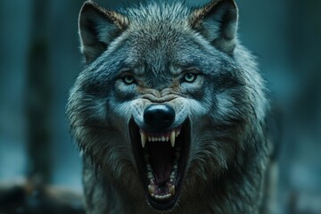 Grey wolf showing teeth and growling in forest