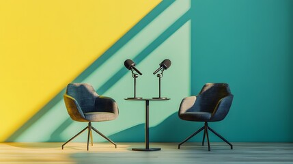 A sleek podcast studio featuring two teal chairs, modern microphones on stands, and a round table. The bright yellow wall, combined with soft lighting, creates a welcoming, creative space