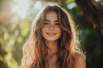 Fototapeta premium Beautiful smiling girl with long hair in nature
