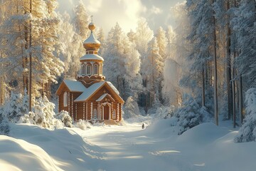 Fototapeta premium winter forest scenery featuring a wooden church surrounded by snowcovered trees basking in the soft glow of a frosty sunny day in russia
