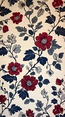 Vintage floral pattern on a classic cream background with red and navy blue accents