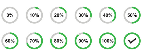 Circle loading or circle progress collection Set of percentage 0 10 20 30 40 50 60 70 80 90 100 green and grey color vector