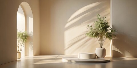 Minimalist interior with a white platform, arched window, and potted plants, casting soft shadows on the beige wall.