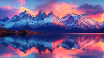 A breathtaking view of snow-capped mountains reflected in a still lake at sunset with pink and blue clouds in the sky.