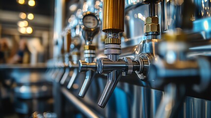 Fototapeta premium Close-up of beer taps in a modern brewery, showcasing stainless steel equipment and an inviting atmosphere for beer enthusiasts.