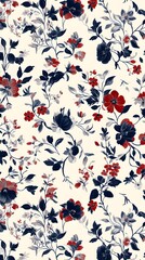 Obraz premium Vintage floral pattern on a classic cream background with red and navy blue accents
