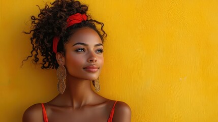 Naklejka premium woman confidently standing in front of a bold yellow wall showcasing a vibrant fashion style that embodies individuality and modern trends captured with striking contrast