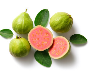 guava fruit with slices and green leaves, either whole or halved, isolated on a white background