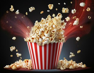 A fun and festive image of popcorn flying through the air, with a buttery aroma and a dark background