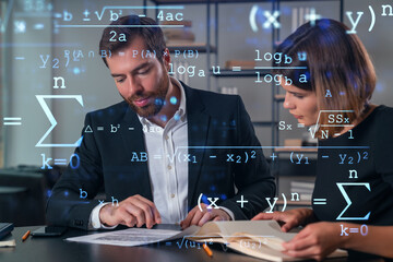 Professionals analyzing mathematical formulas in modern office setting.
