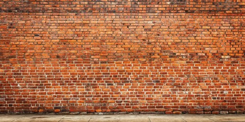 A rustic red brick wall with a concrete walkway in front.  The wall is weathered and has a vintage feel.