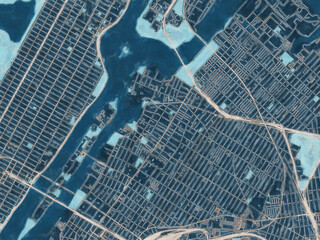 Painterly Style City Map of Astoria  New York, USA in a Blue Color Scheme.