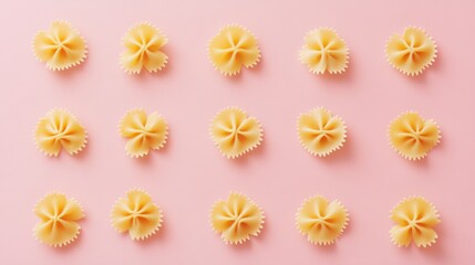 Farfalle pasta arranged neatly in a grid on a pastel pink background, clean and minimalistic.